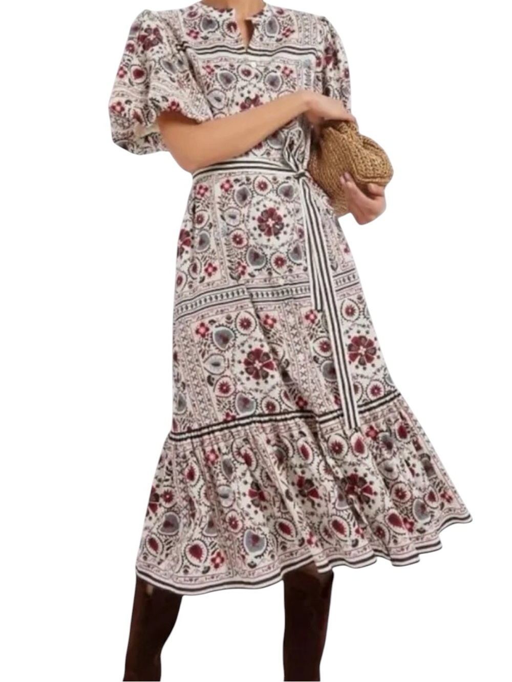 Tuckernuck Patchwork Floral Lewis Puff Sleeve Round Collar Button Up TieredDress